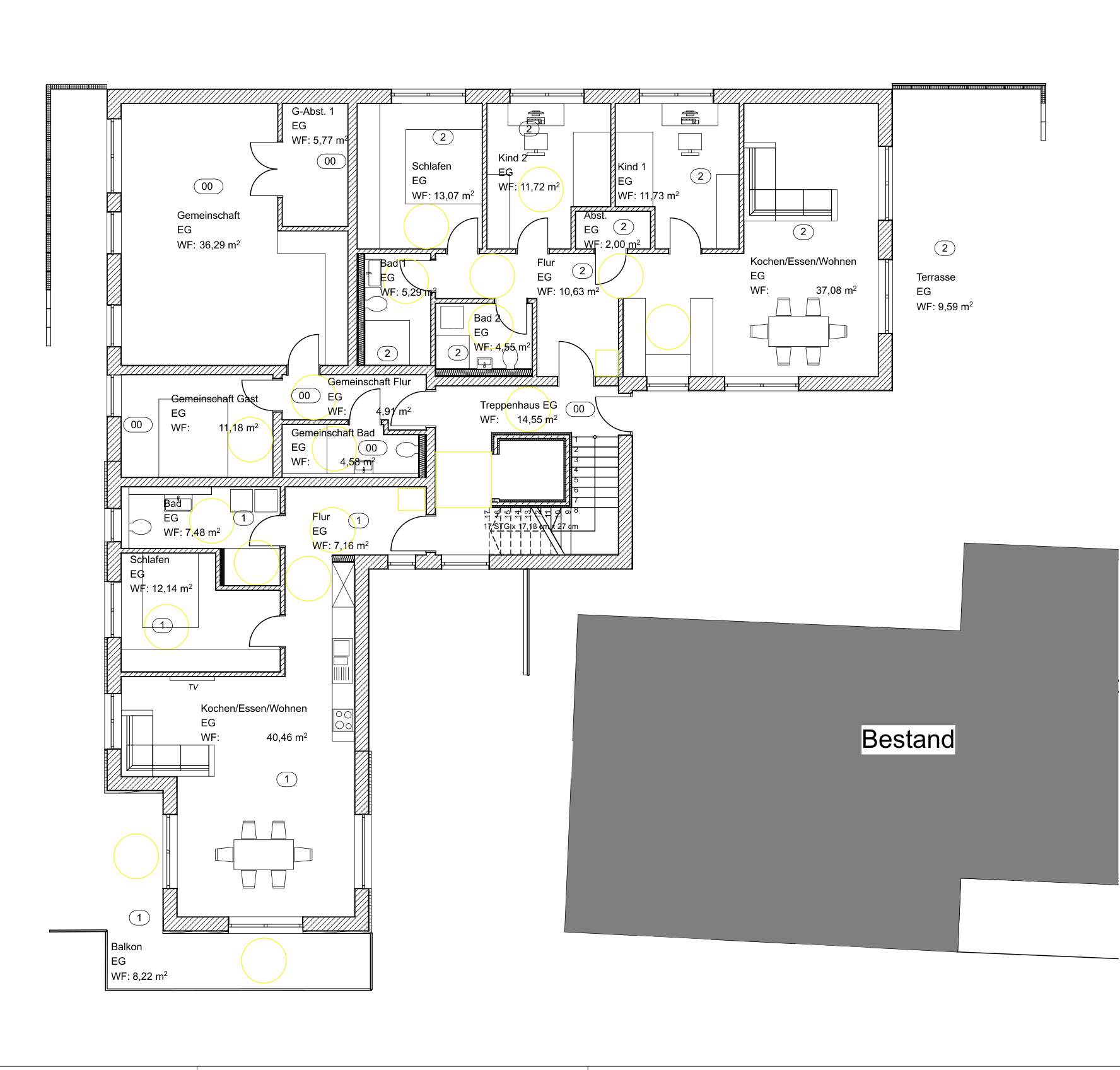 Geschossplan Erdgeschoss mit den Wohnungen 1 und 2, Gemeinschaftsraum, Gästeapartment und Treppenhaus