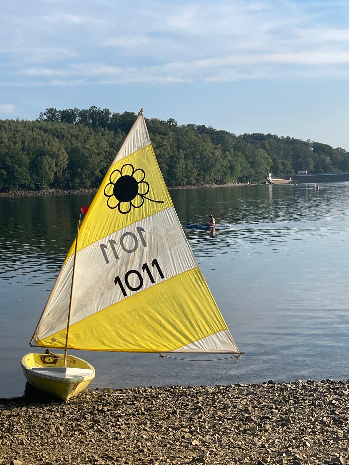 Gelb-weißes Segelboot am Ufer einer Talsperre im Sommer